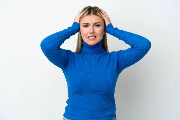 Giovane Donna Caucasica Isolata Sfondo Bianco Facendo Gesto Nervoso — Foto Stock