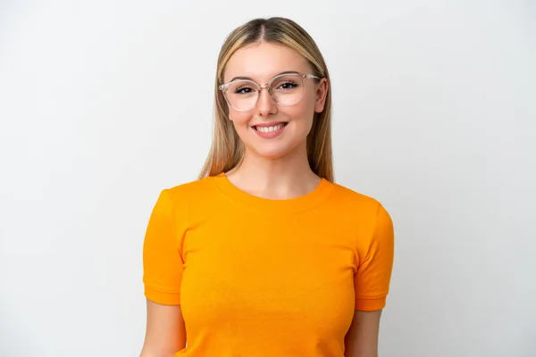 白地に孤立した若い白人女性幸せな表情の眼鏡 — ストック写真