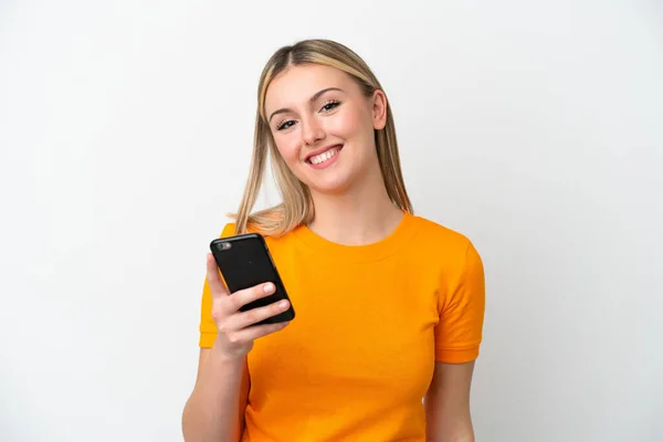 Jeune Femme Caucasienne Isolée Sur Fond Blanc Utilisant Téléphone Mobile — Photo