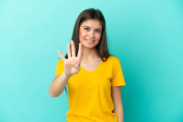 Joven Mujer Caucásica Aislada Sobre Fondo Azul Feliz Contando Cuatro —  Fotos de Stock