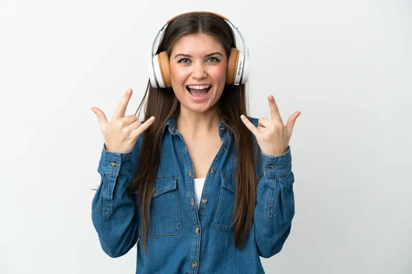 Young Caucasian Woman Isolated White Background Listening Music Making Rock — Stock Photo, Image