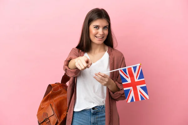 Young Caucasian Woman Holding United Kingdom Flag Isolated Pink Background — Stock Photo, Image