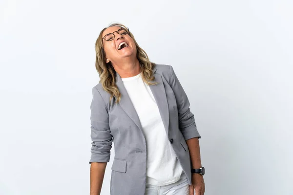 Middle Aged Business Woman Isolated White Background Laughing Lateral Position — Stock Photo, Image