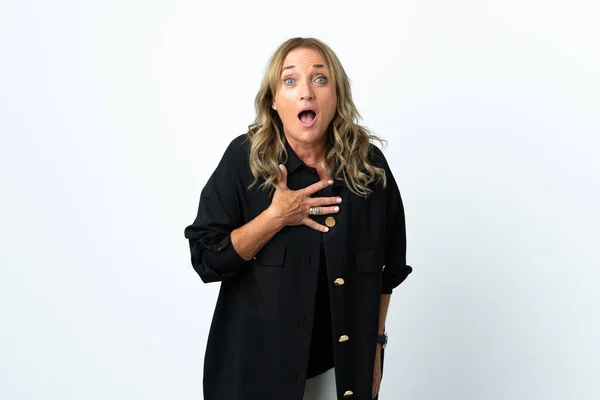 Middle Aged Blonde Woman Isolated White Background Surprised Shocked While — 图库照片
