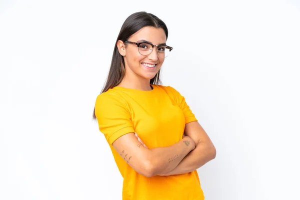 Young Caucasian Woman Isolated White Background Arms Crossed Looking Forward — Stock Photo, Image