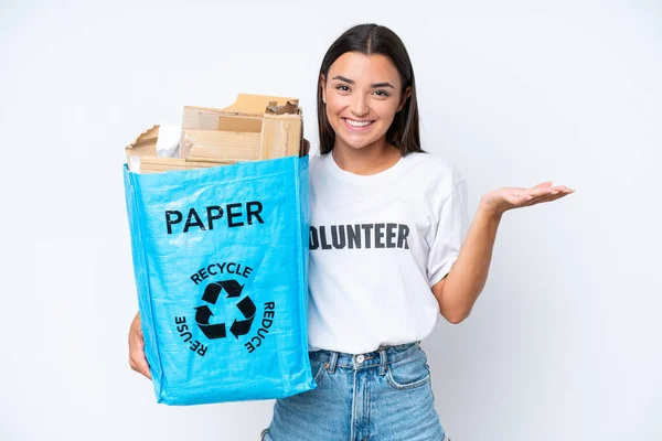 Young Caucasian Woman Holding Recycling Bag Full Paper Recycle Isolated — Stock Photo, Image