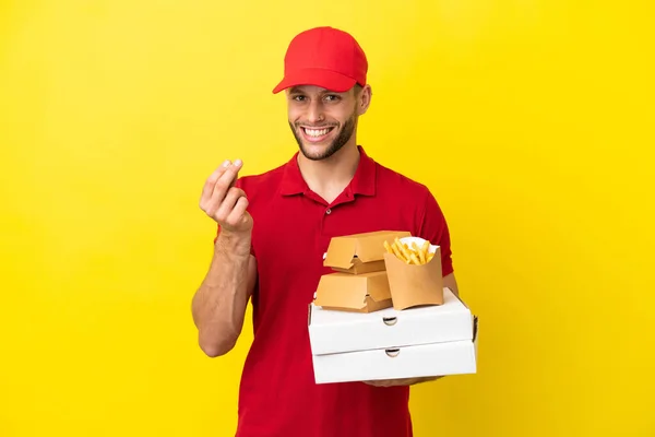 Pizza Delivery Man Picking Pizza Boxes Burgers Isolated Background Making — Stock Photo, Image