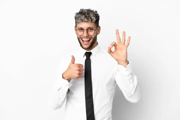 Zakelijke Blanke Man Geïsoleerd Witte Achtergrond Met Teken Duim Omhoog — Stockfoto