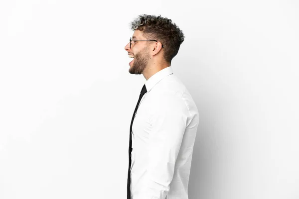 Zakelijke Blanke Man Geïsoleerd Witte Achtergrond Lachen Laterale Positie — Stockfoto