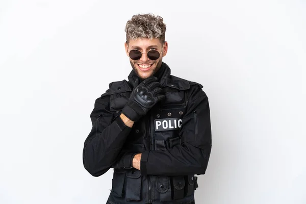Swat Caucasian Man Isolated White Background Glasses Smiling — Stock Photo, Image