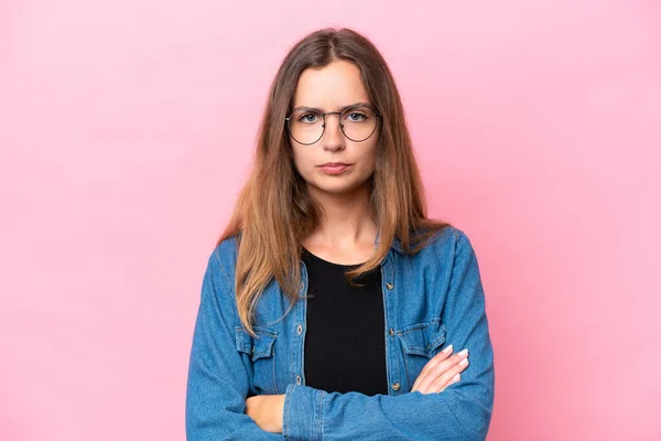 Young Caucasian Woman Isolated Pink Background Feeling Upset — Stock Photo, Image