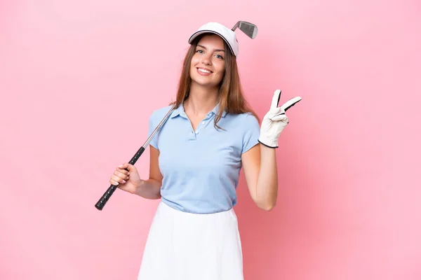 Giovane Giocatore Golf Uomo Isolato Sfondo Rosa Sorridente Mostrando Segno — Foto Stock