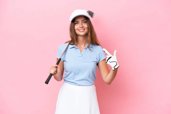 Young Golfer Player Man Isolated Pink Background Giving Thumbs Gesture — Foto de Stock