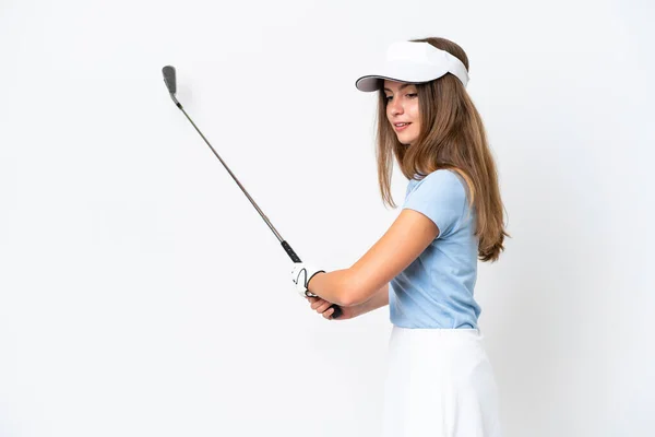 Young Caucasian Woman Isolated White Background Playing Golf — Photo