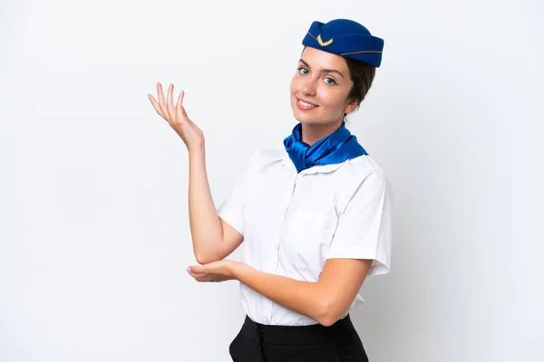 Αεροπλάνο Αεροσυνοδός Καυκάσιος Γυναίκα Απομονωμένη Λευκό Φόντο Απλώνει Χέρια Στο — Φωτογραφία Αρχείου