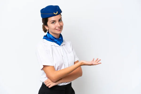 Stewardessa Samolot Kaukaska Kobieta Odizolowany Białym Tle Przedstawiając Pomysł Podczas — Zdjęcie stockowe