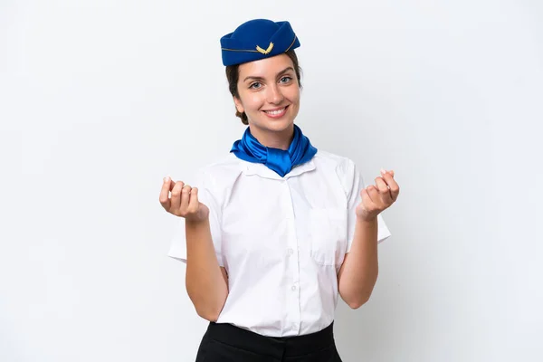 Αεροπλάνο Αεροσυνοδός Καυκάσιος Γυναίκα Απομονωμένη Λευκό Φόντο Κάνοντας Χειρονομία Χρήματα — Φωτογραφία Αρχείου