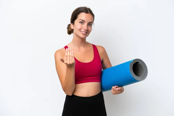 Young Sport Caucasian Woman Going Yoga Classes While Holding Mat — Stock Photo, Image