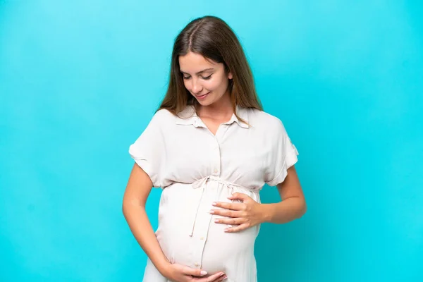 Mladá Běloška Žena Izolované Modrém Pozadí Těhotné — Stock fotografie