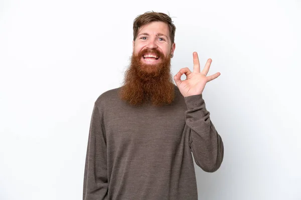 Рыжий Человек Бородой Изолированы Белом Фоне Показывая Знак Пальцами — стоковое фото
