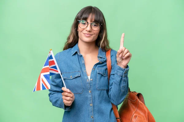 Young Caucasian Woman Holding United Kingdom Flag Isolated Background Showing — Stock Photo, Image