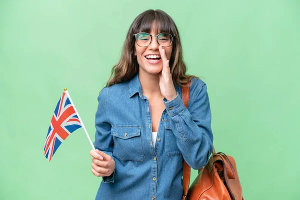 Young Caucasian Woman Holding United Kingdom Flag Isolated Background Shouting — Stock Photo, Image