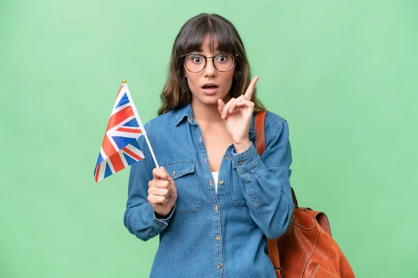 Young Caucasian Woman Holding United Kingdom Flag Isolated Background Intending — Stock Photo, Image