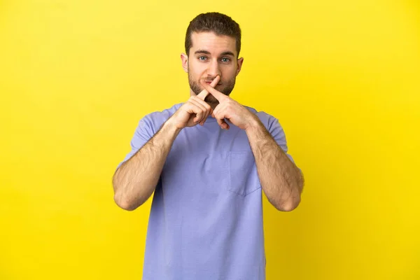 Handsome Blonde Man Isolated Yellow Background Showing Sign Silence Gesture — Photo