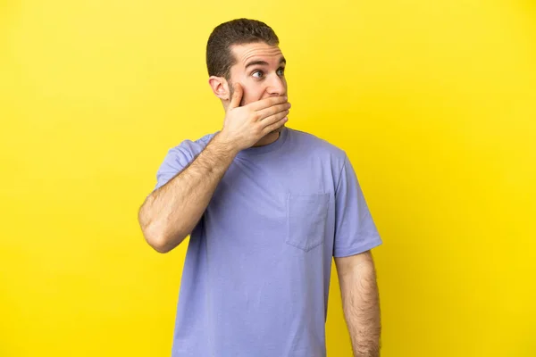 Handsome Blonde Man Isolated Yellow Background Doing Surprise Gesture While — Stock Photo, Image