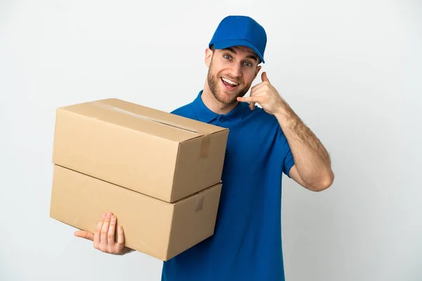 Bezorger Geïsoleerde Witte Achtergrond Maakt Telefoon Gebaar Bel Terug — Stockfoto