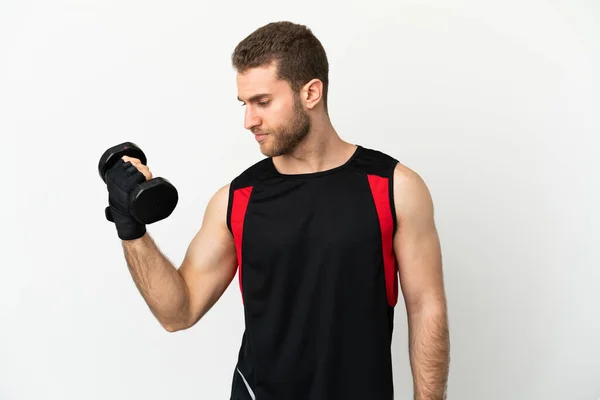 Handsome Blonde Man Isolated White Background Making Weightlifting — 스톡 사진