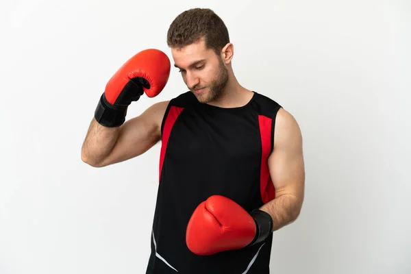 Bello Uomo Biondo Sfondo Bianco Isolato Con Guanti Boxe — Foto Stock