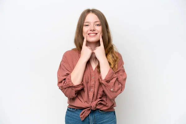 Joven Mujer Bonita Aislada Sobre Fondo Blanco Sonriendo Con Una — Foto de Stock