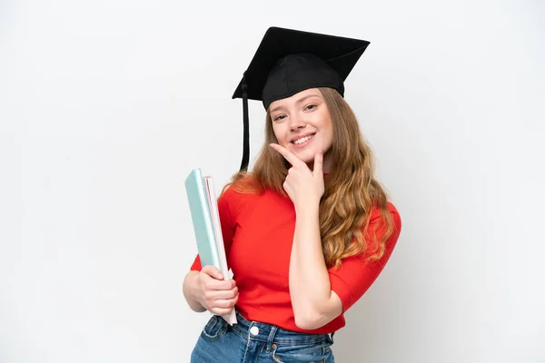 Jovem Universitária Graduada Mulher Isolada Fundo Branco Feliz Sorridente — Fotografia de Stock