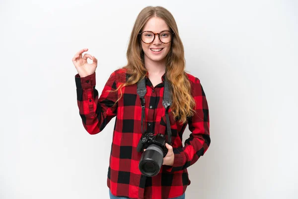 Jonge Fotograaf Mooie Vrouw Geïsoleerd Witte Achtergrond Tonen Een Teken — Stockfoto
