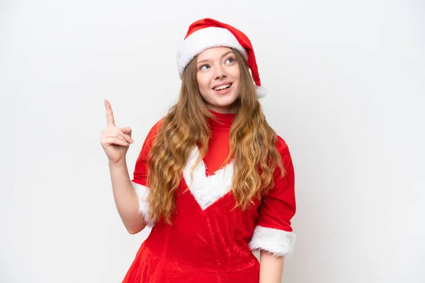 Mujer Joven Caucásica Con Vestido Navidad Aislado Sobre Fondo Blanco —  Fotos de Stock