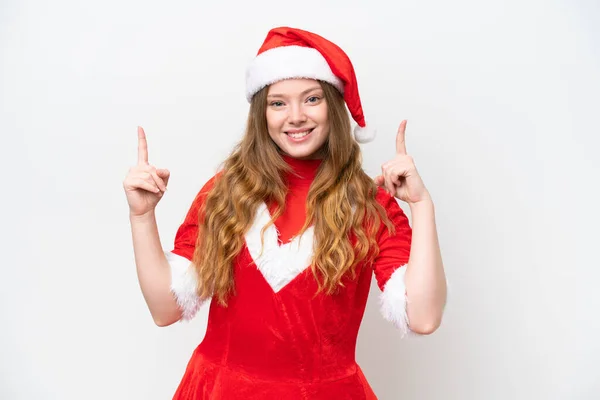 年轻的高加索女人 穿着白色背景的圣诞礼服 提出了一个伟大的想法 — 图库照片
