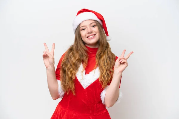 Mladá Běloška Žena Vánoční Šaty Izolované Bílém Pozadí Ukazující Vítězství — Stock fotografie