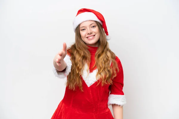 Mladá Běloška Žena Vánoční Šaty Izolované Bílém Pozadí Třesoucí Ruce — Stock fotografie