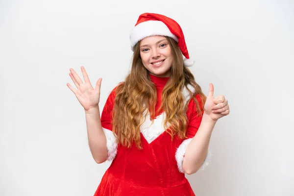 Jeune Femme Caucasienne Avec Robe Noël Isolée Sur Fond Blanc — Photo