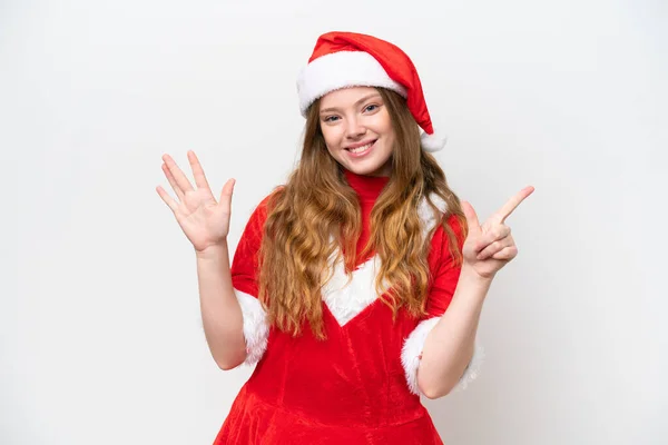 Mladá Běloška Žena Vánoční Šaty Izolované Bílém Pozadí Počítání Sedm — Stock fotografie