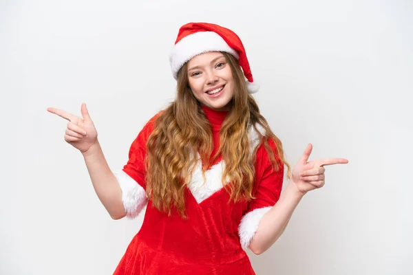 Jeune Femme Caucasienne Avec Robe Noël Isolée Sur Fond Blanc — Photo