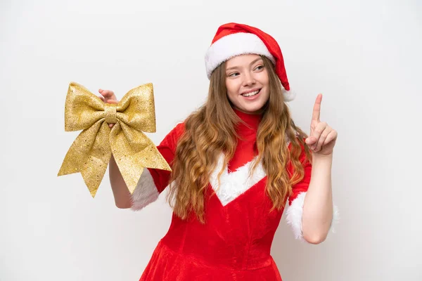 Jeune Femme Caucasienne Avec Robe Noël Tenant Arc Noël Isolé — Photo