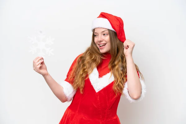 Jovem Caucasiana Com Vestido Natal Segurando Floco Neve Isolado Fundo — Fotografia de Stock
