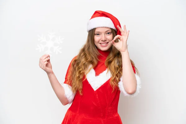 Mujer Joven Caucásica Con Vestido Navidad Sosteniendo Copo Nieve Aislado —  Fotos de Stock