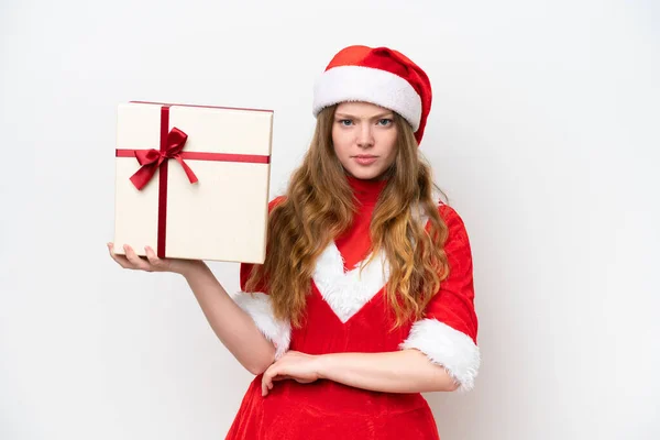 Jeune Femme Caucasienne Avec Robe Noël Tenant Cadeau Isolé Sur — Photo