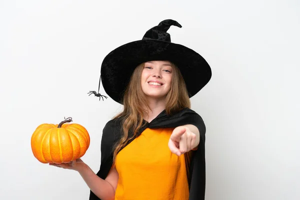 Giovane Bella Donna Costume Strega Possesso Una Zucca Isolata Sfondo — Foto Stock