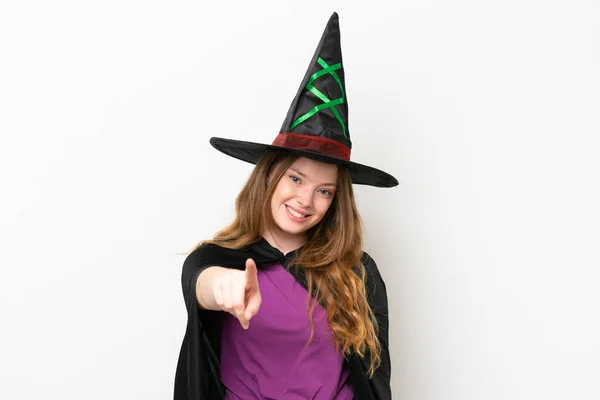 Young Pretty Woman Costume Witch Isolated White Background Points Finger — Stock Photo, Image