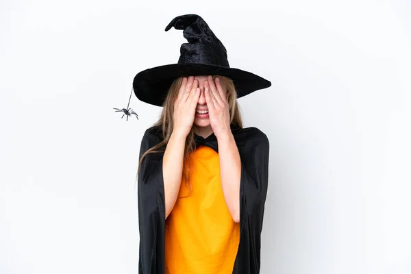 Young Blonde Woman Dressed Witch Isolated White Background Covering Eyes — Stock Photo, Image