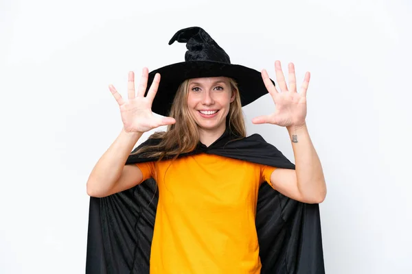 Giovane Donna Bionda Vestita Strega Isolata Sfondo Bianco Contando Dieci — Foto Stock